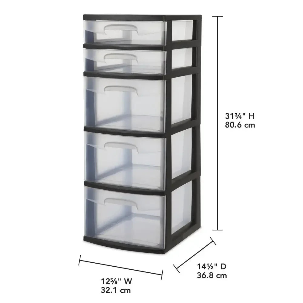 5-Drawer Plastic Storage Tower Black Clear Drawers Organizer