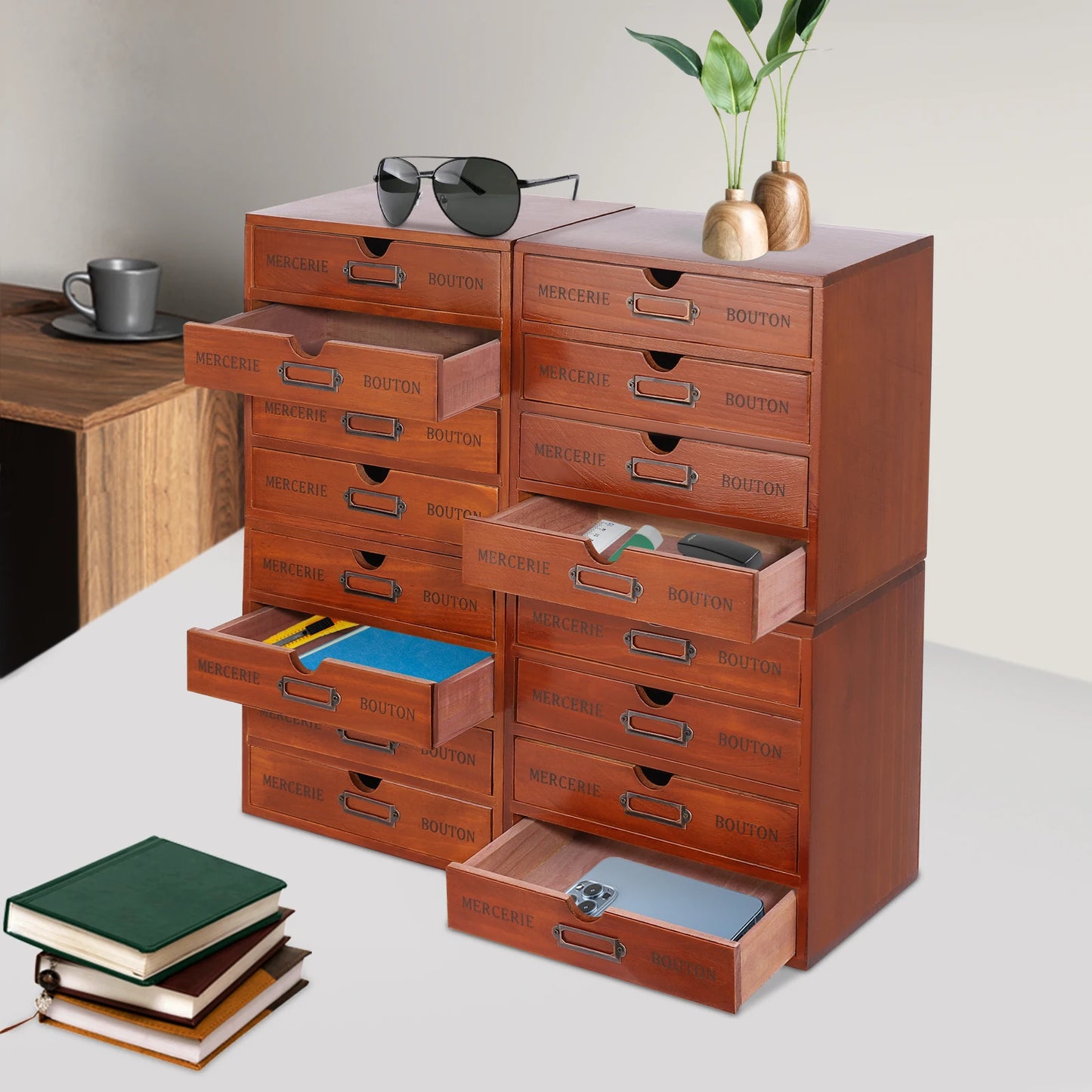 4Pcs Multi Drawer Storage Organizer with 16 Drawers, Vintage Wooden Desk