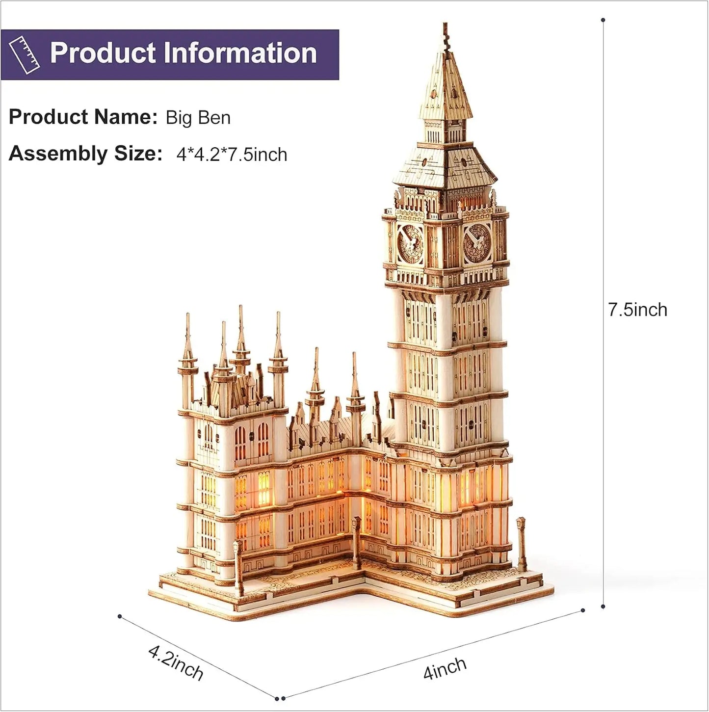Big Ben kit 3D Puzzle Wooden DIY Construction Model Kit with LED Light for Adults Teens