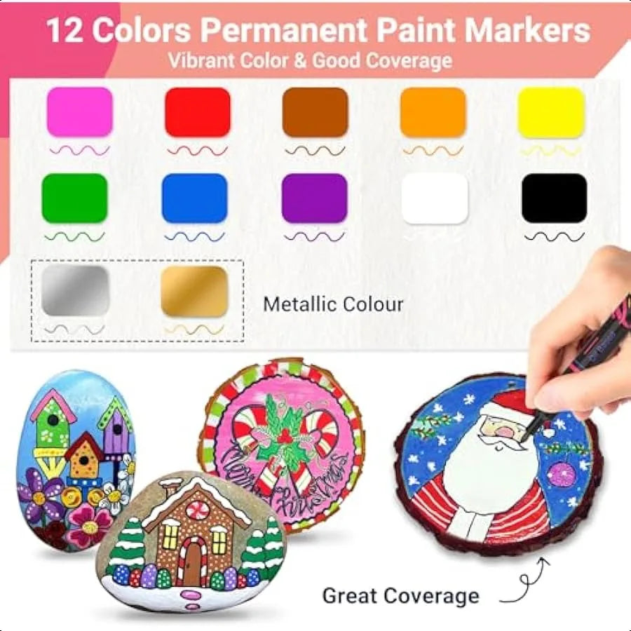 Permanent Oil Based Paint Markers: Fine Point Oil Paint Pen 12 Colors Fine Tip Waterproof