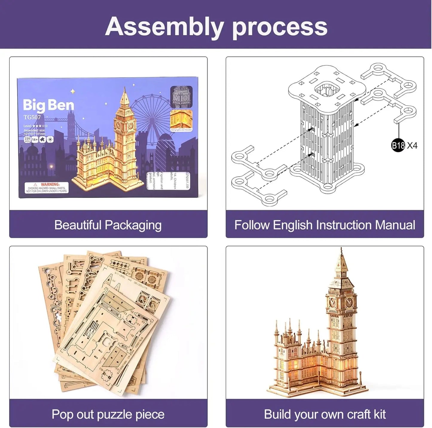 Big Ben kit 3D Puzzle Wooden DIY Construction Model Kit with LED Light for Adults Teens