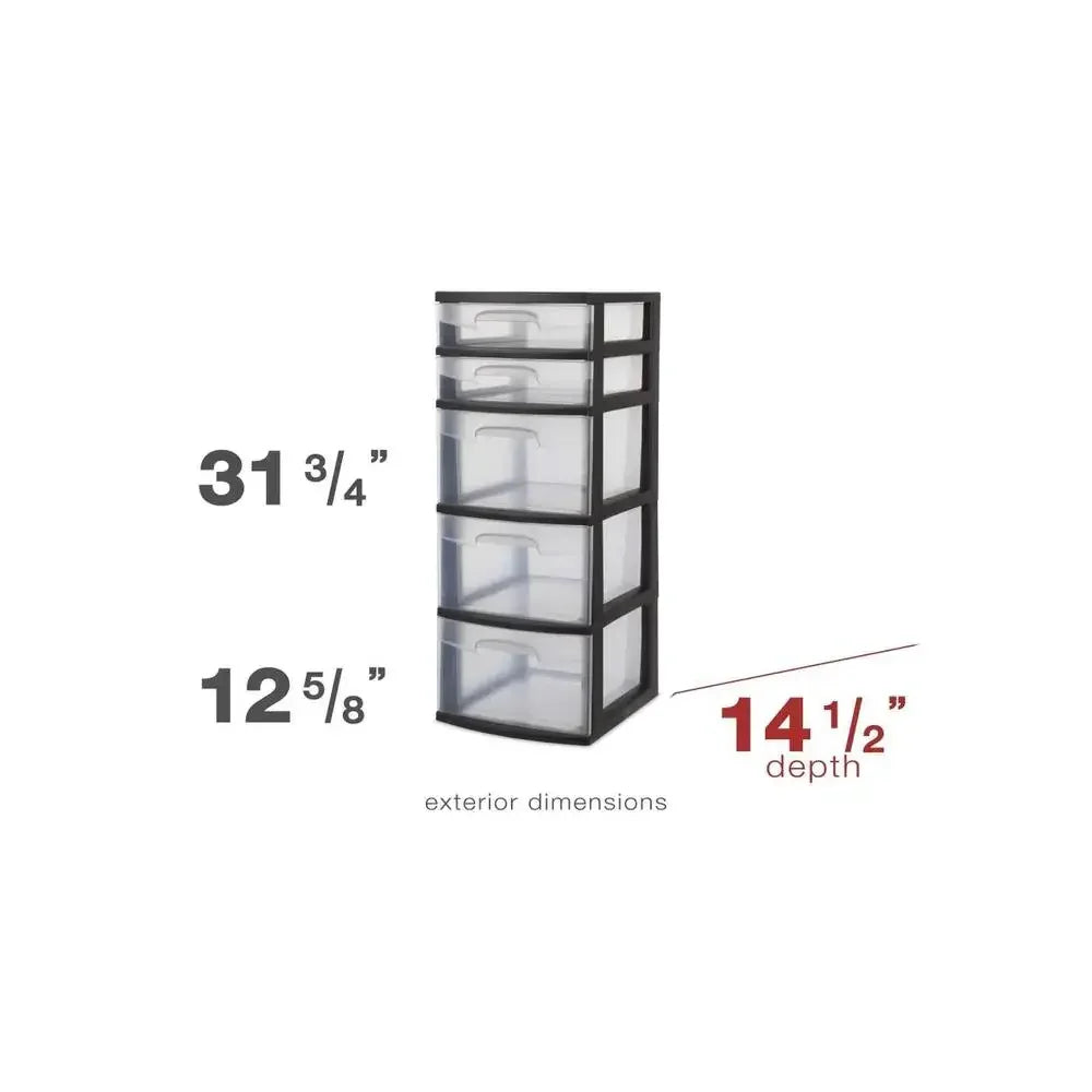5-Drawer Plastic Storage Tower Black Clear Drawers Organizer