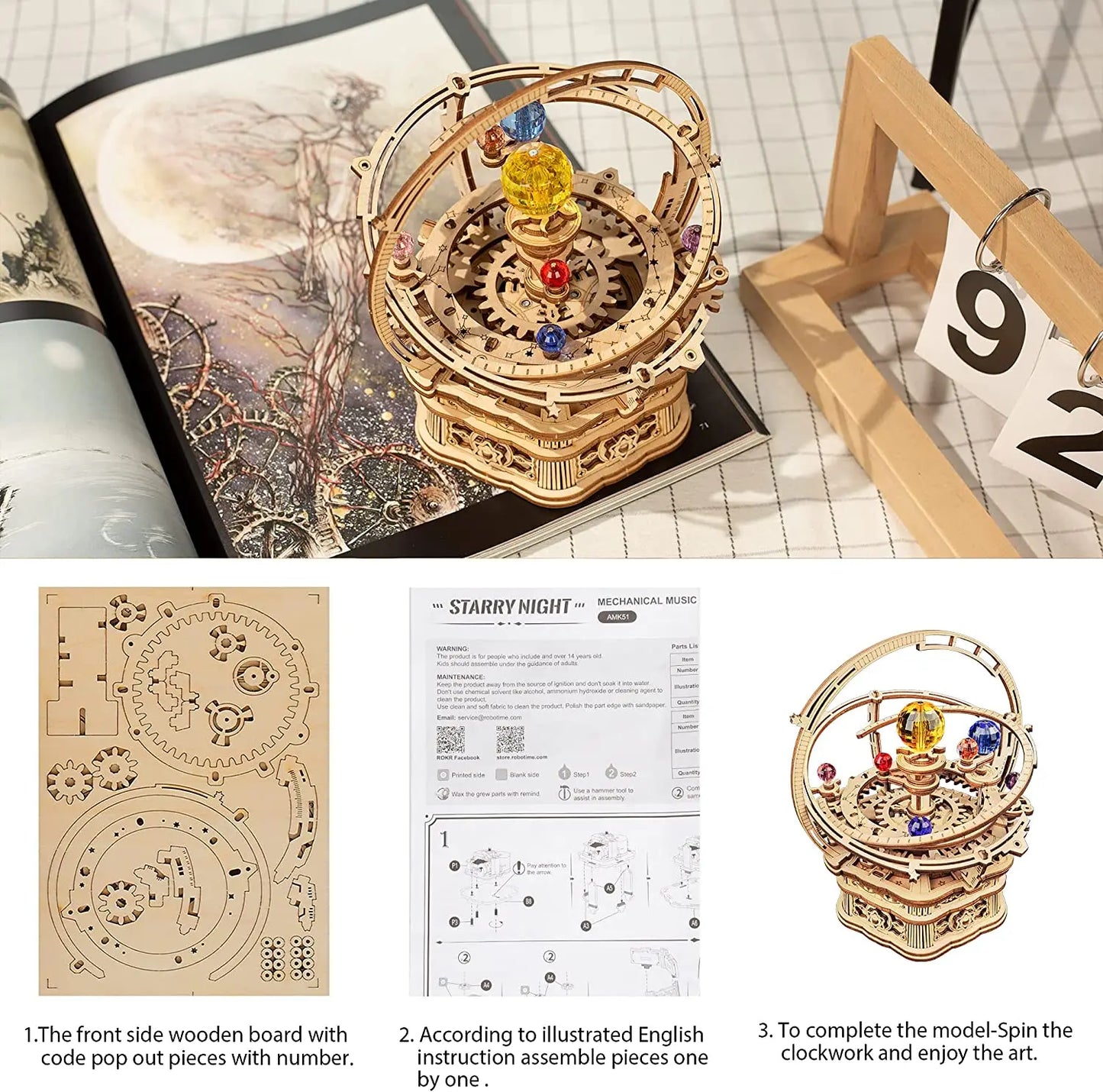 Robotime  84pcs Rotatable DIY 3D Starry Night Wooden Model Building Kit Block Assembly Music Box