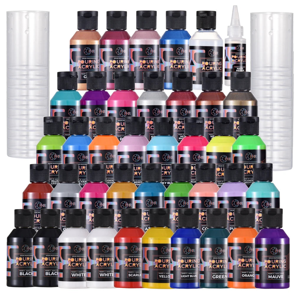OPHIR 36-Color Pre-Mixed Acrylic Pouring Paint with Magic Medium & Varnish Water-Based 100ML/Bottle TA001