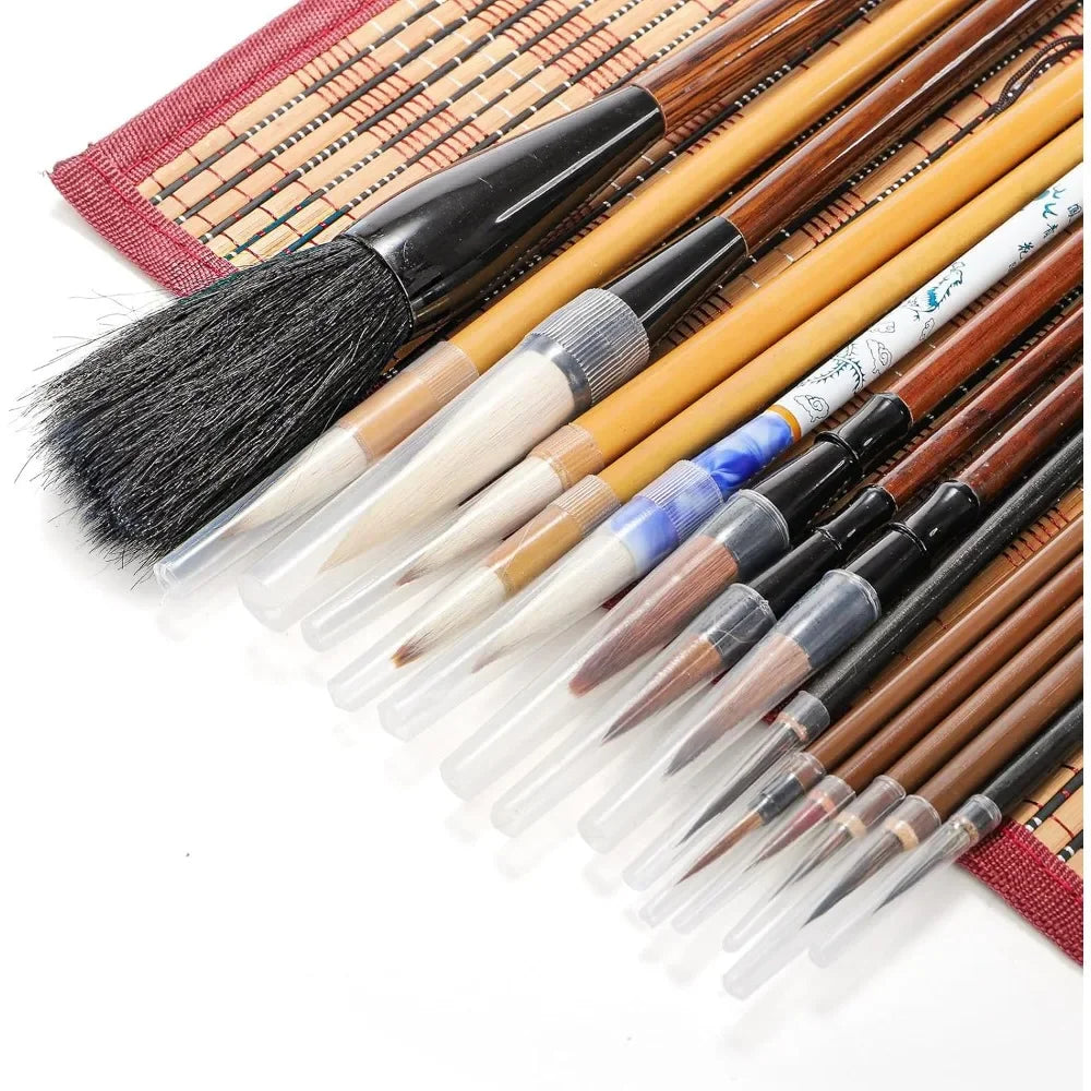Brush set 16 pieces, rolled bamboo pen holder, strong Japanese watercolor brush