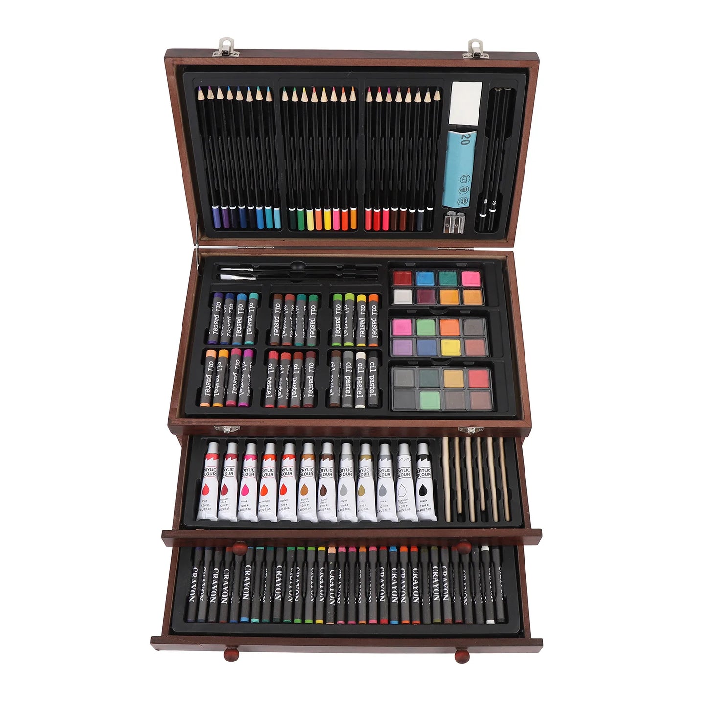 Wooden Art Set 24Pcs Colored Pencils 24Pcs Oil Pastels 60Pcs Crayons Watercolor Paints Erasers Pencil Rollers and Sketchbooks