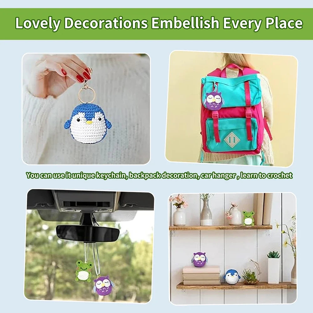 Christmas Crochet Kit for Beginners, 3 Pattern Animals-Owl, Penguin, Frog, Knitting Kit for Adult Kids with Step-by-Step Video T