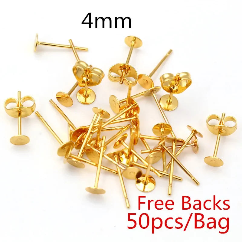 50-100pcs/lot Gold Stainless Steel Earring Studs Blank Post Base Pins With Earring Plug Findings Ear Back For DIY