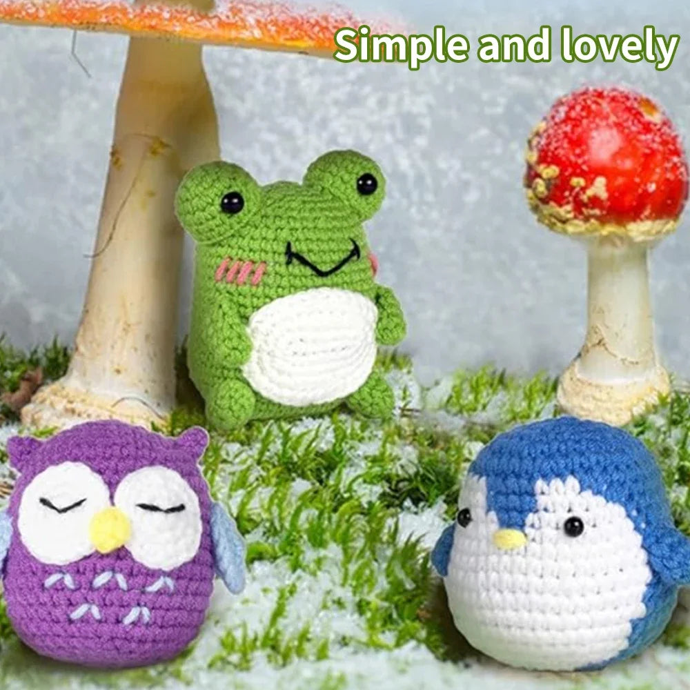 Christmas Crochet Kit for Beginners, 3 Pattern Animals-Owl, Penguin, Frog, Knitting Kit for Adult Kids with Step-by-Step Video T