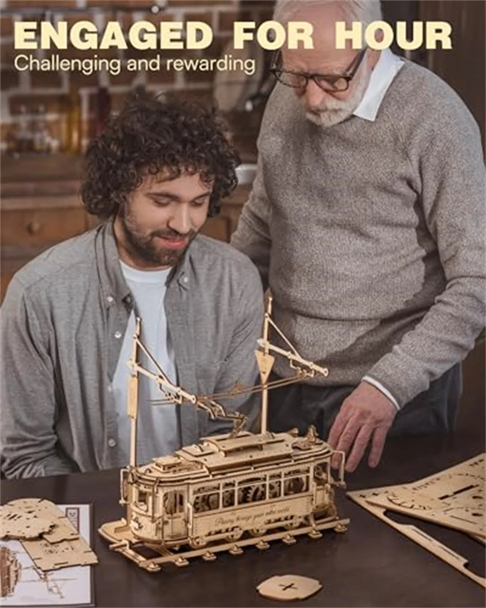 3D Wooden Puzzle Gear Drive Tram Mechanical Model Building Kit DIY
