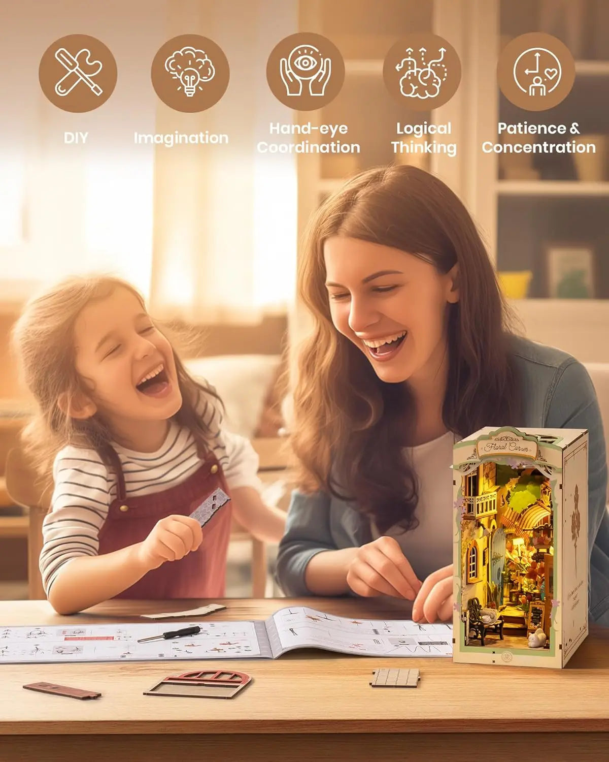 LED Lights Miniature 3D Wooden Puzzle Bookend Book Shelf Decoration Gifts for Adults