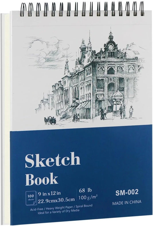9" x 12" Sketchbook, Hardcover Sketchbook, Top Spiral Bound Sketchbook, 100 sheets (68lb/100gsm) drawing paper pads