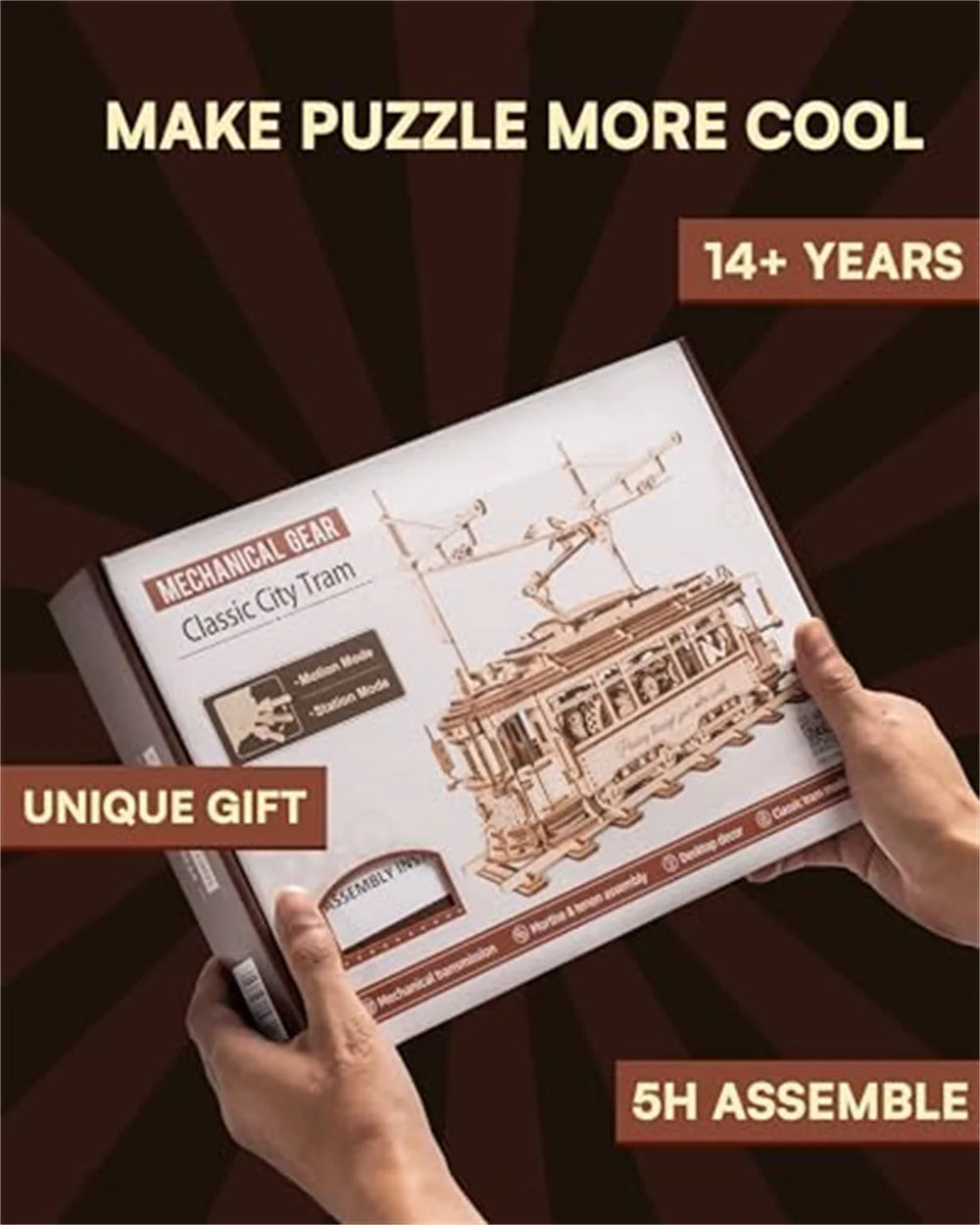 3D Wooden Puzzle Gear Drive Tram Mechanical Model Building Kit DIY