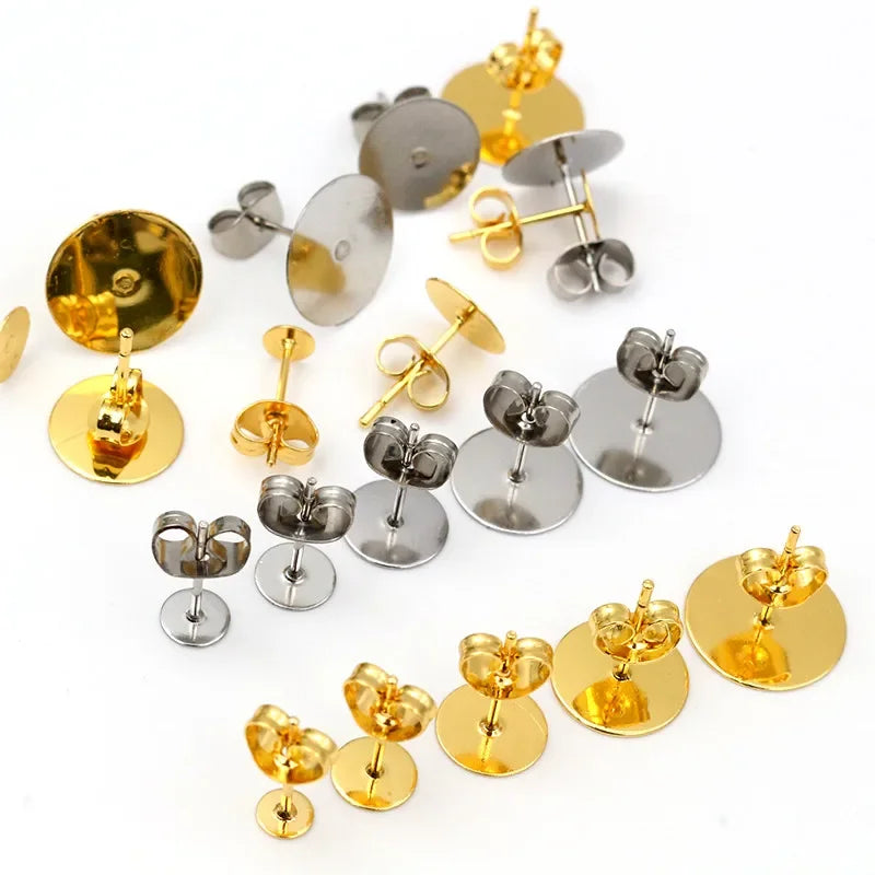 50-100pcs/lot Gold Stainless Steel Earring Studs Blank Post Base Pins With Earring Plug Findings Ear Back For DIY