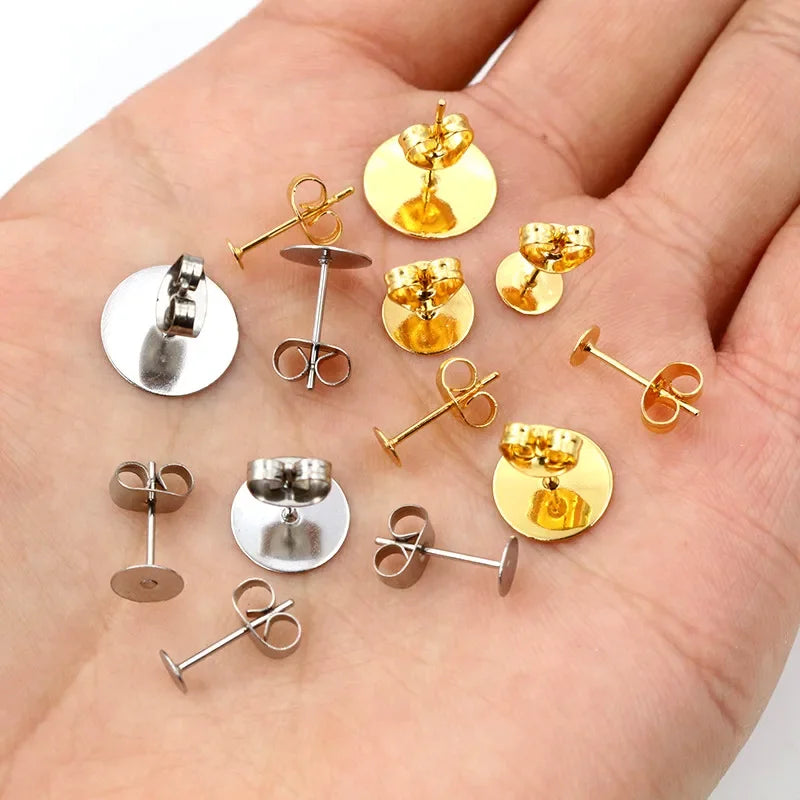 50-100pcs/lot Gold Stainless Steel Earring Studs Blank Post Base Pins With Earring Plug Findings Ear Back For DIY
