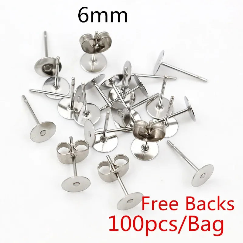 50-100pcs/lot Gold Stainless Steel Earring Studs Blank Post Base Pins With Earring Plug Findings Ear Back For DIY