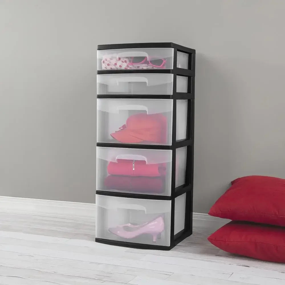 5-Drawer Plastic Storage Tower Black Clear Drawers Organizer