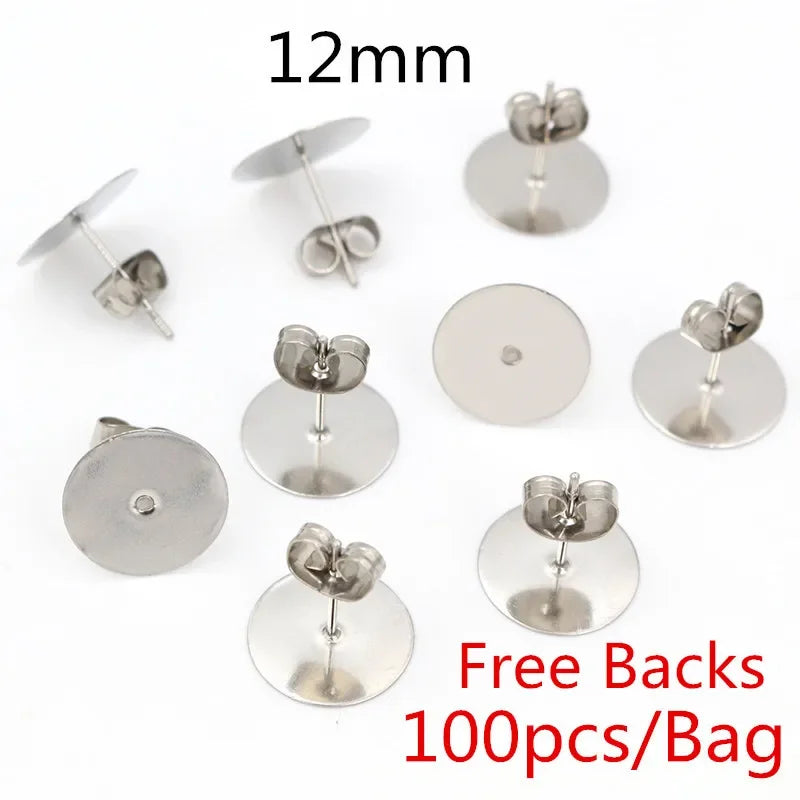 50-100pcs/lot Gold Stainless Steel Earring Studs Blank Post Base Pins With Earring Plug Findings Ear Back For DIY Jewelry Making