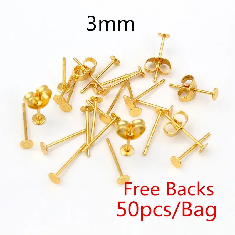 50-100pcs/lot Gold Stainless Steel Earring Studs Blank Post Base Pins With Earring Plug Findings Ear Back For DIY