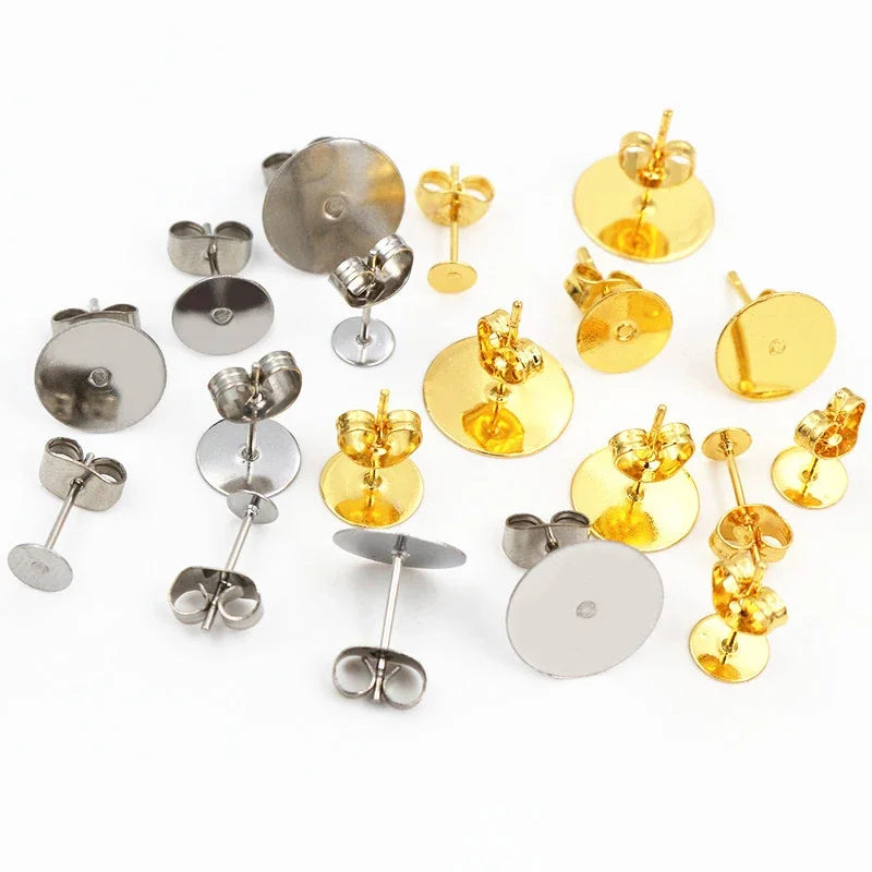50-100pcs/lot Gold Stainless Steel Earring Studs Blank Post Base Pins With Earring Plug Findings Ear Back For DIY