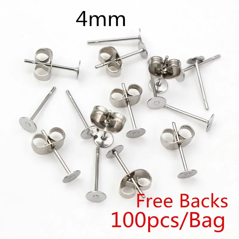 50-100pcs/lot Gold Stainless Steel Earring Studs Blank Post Base Pins With Earring Plug Findings Ear Back For DIY