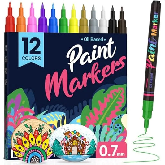 Permanent Oil Based Paint Markers: Fine Point Oil Paint Pen 12 Colors Fine Tip Waterproof
