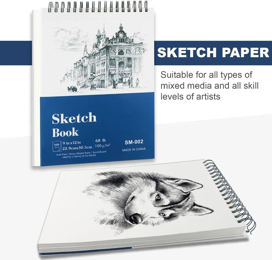 9" x 12" Sketchbook, Hardcover Sketchbook, Top Spiral Bound Sketchbook, 100 sheets (68lb/100gsm) drawing paper pads