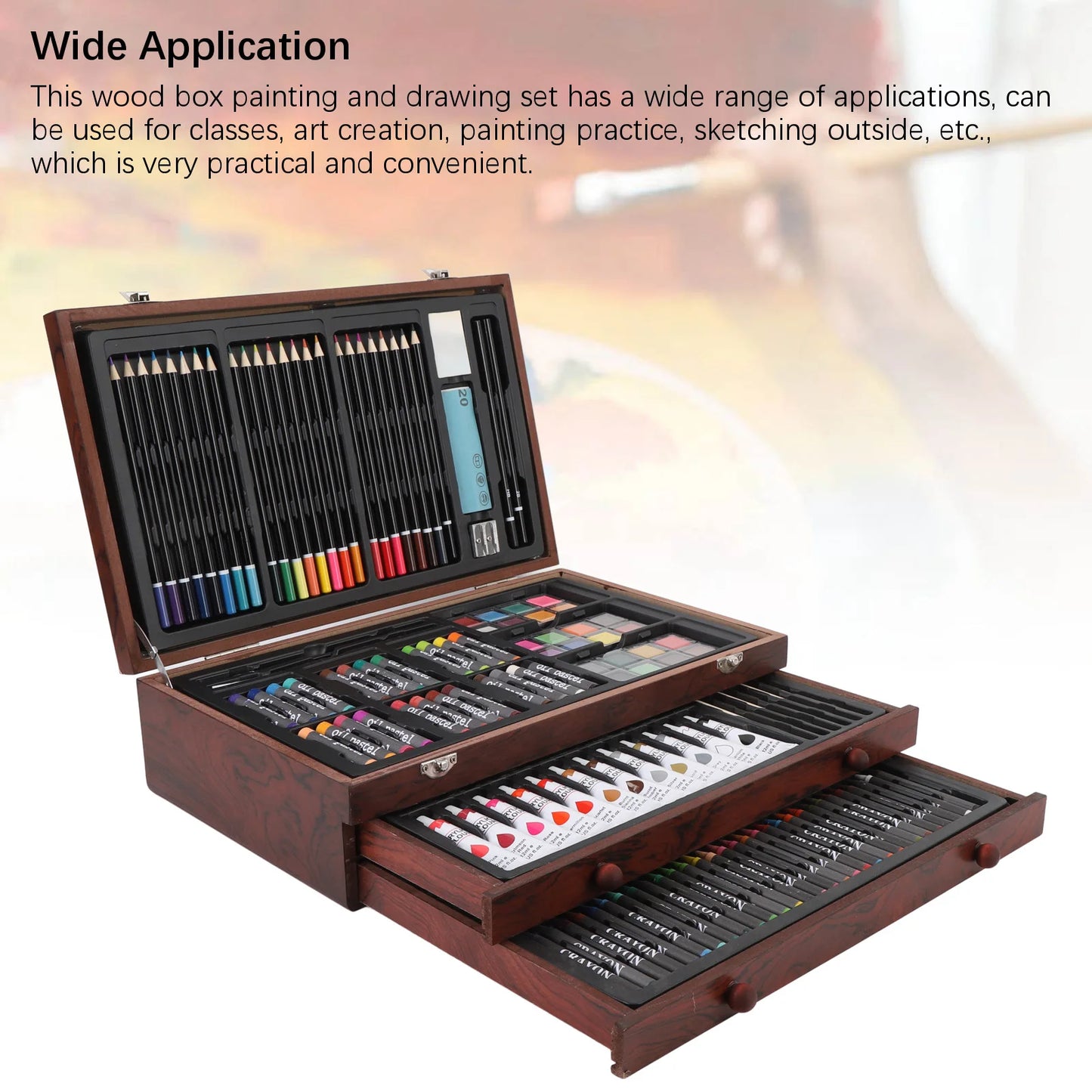 Painting Drawing Art Kit Foldable Storage Box Set Portable Organized Storage Wooden Art Set Multifunctional for Classes