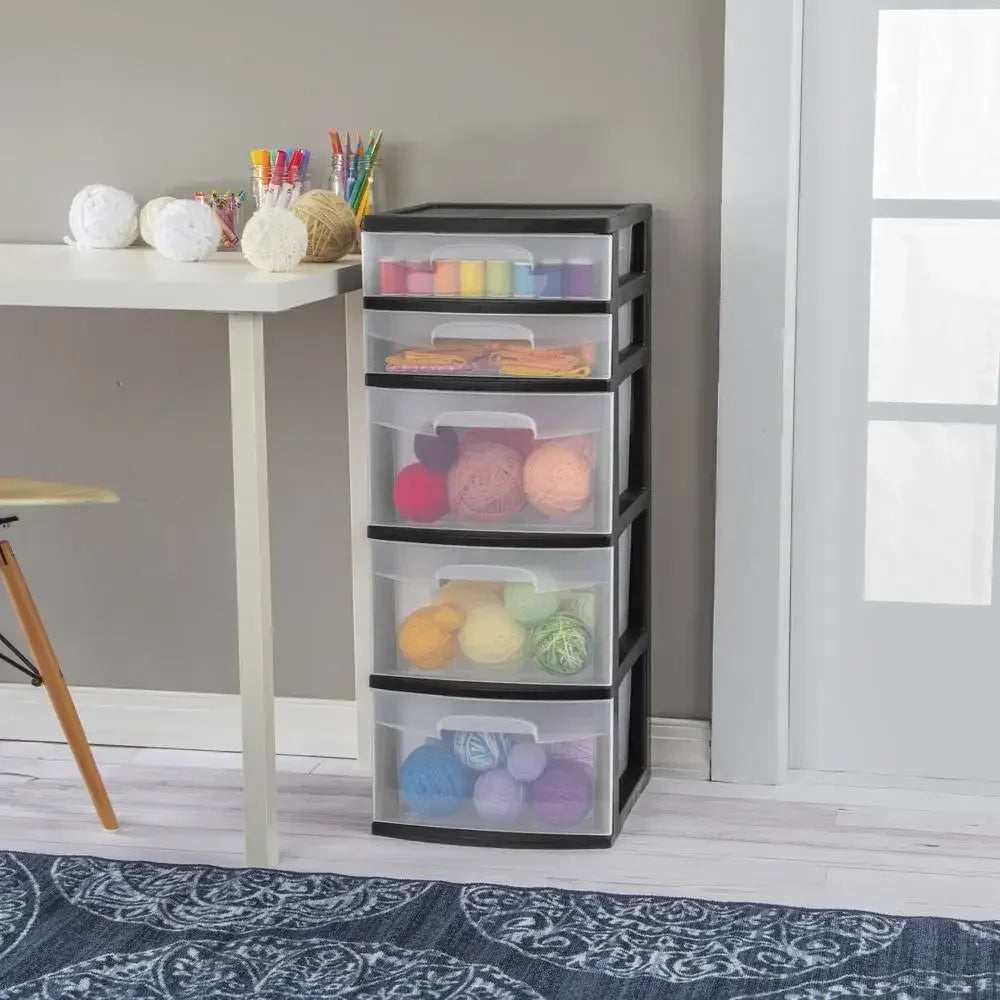 5-Drawer Plastic Storage Tower Black Clear Drawers Organizer