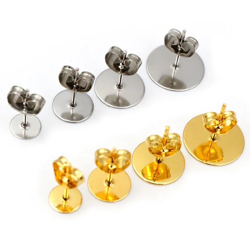 50-100pcs/lot Gold Stainless Steel Earring Studs Blank Post Base Pins With Earring Plug Findings Ear Back For DIY