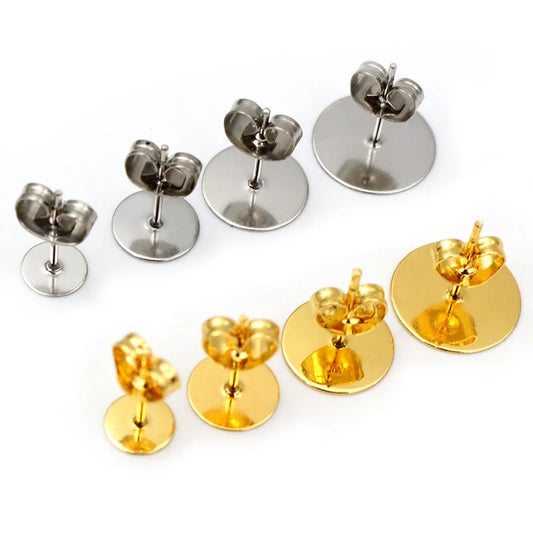 50-100pcs/lot Gold Stainless Steel Earring Studs Blank Post Base Pins With Earring Plug Findings Ear Back For DIY