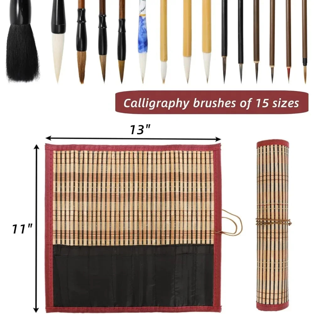 Brush set 16 pieces, rolled bamboo pen holder, strong Japanese watercolor brush