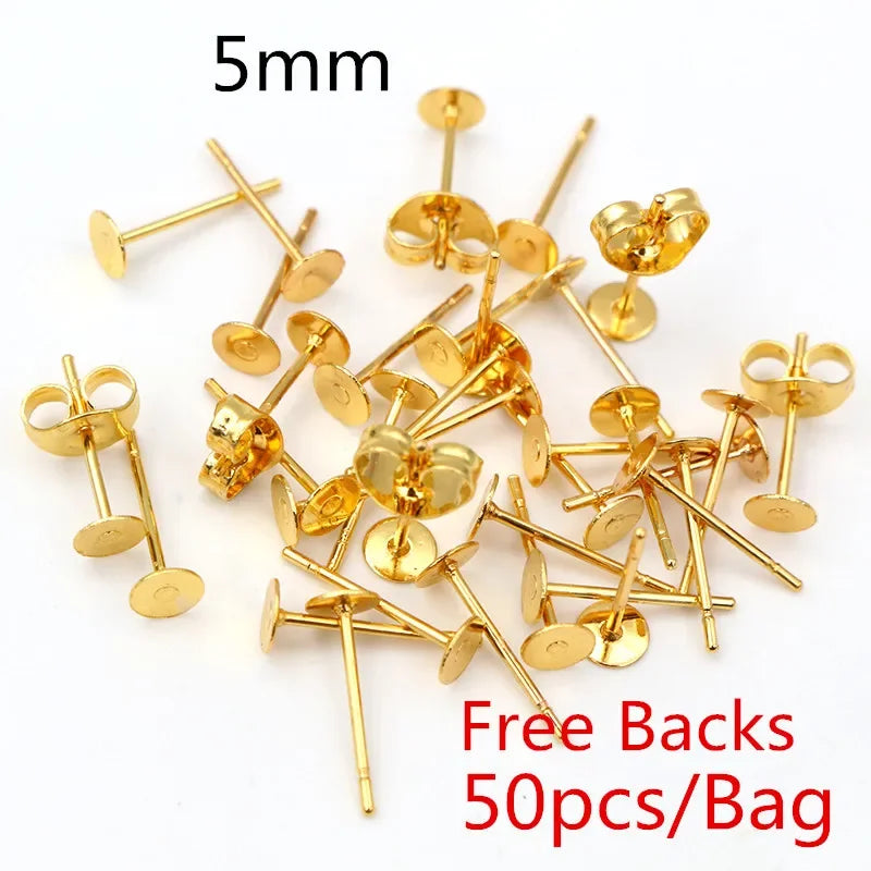 50-100pcs/lot Gold Stainless Steel Earring Studs Blank Post Base Pins With Earring Plug Findings Ear Back For DIY