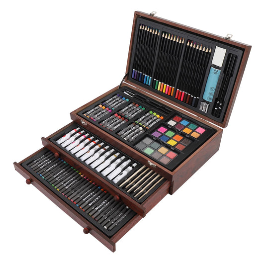 Wooden Art Set 24Pcs Colored Pencils 24Pcs Oil Pastels 60Pcs Crayons Watercolor Paints Erasers Pencil Rollers and Sketchbooks