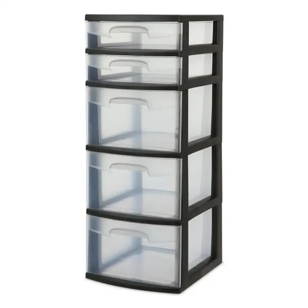 5-Drawer Plastic Storage Tower Black Clear Drawers Organizer