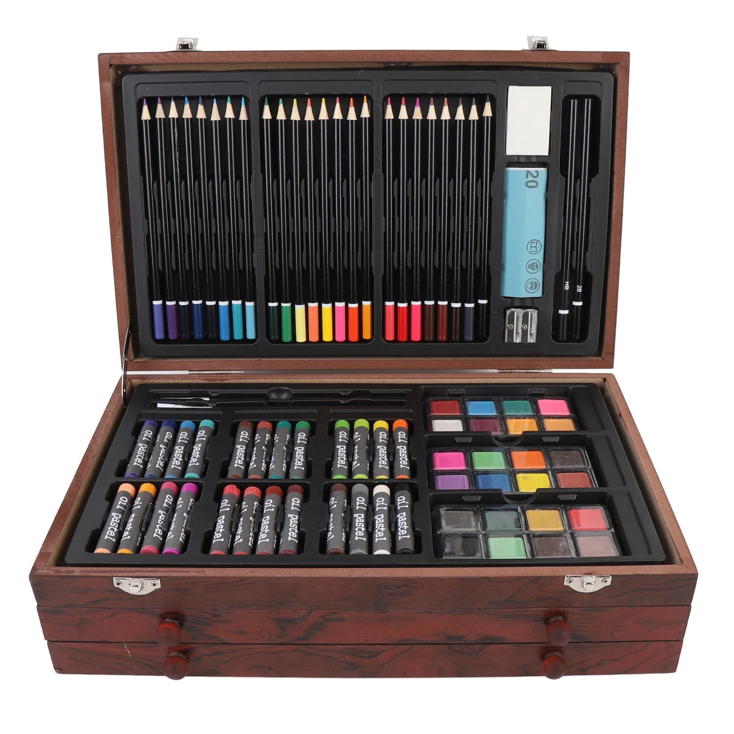 Wooden Art Set 24Pcs Colored Pencils 24Pcs Oil Pastels 60Pcs Crayons Watercolor Paints Erasers Pencil Rollers and Sketchbooks