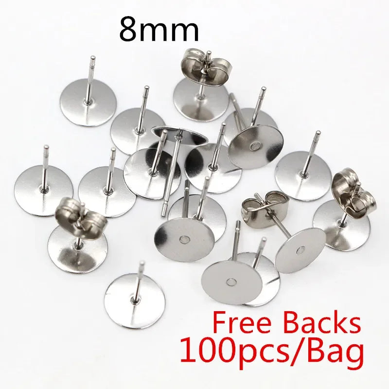 50-100pcs/lot Gold Stainless Steel Earring Studs Blank Post Base Pins With Earring Plug Findings Ear Back For DIY