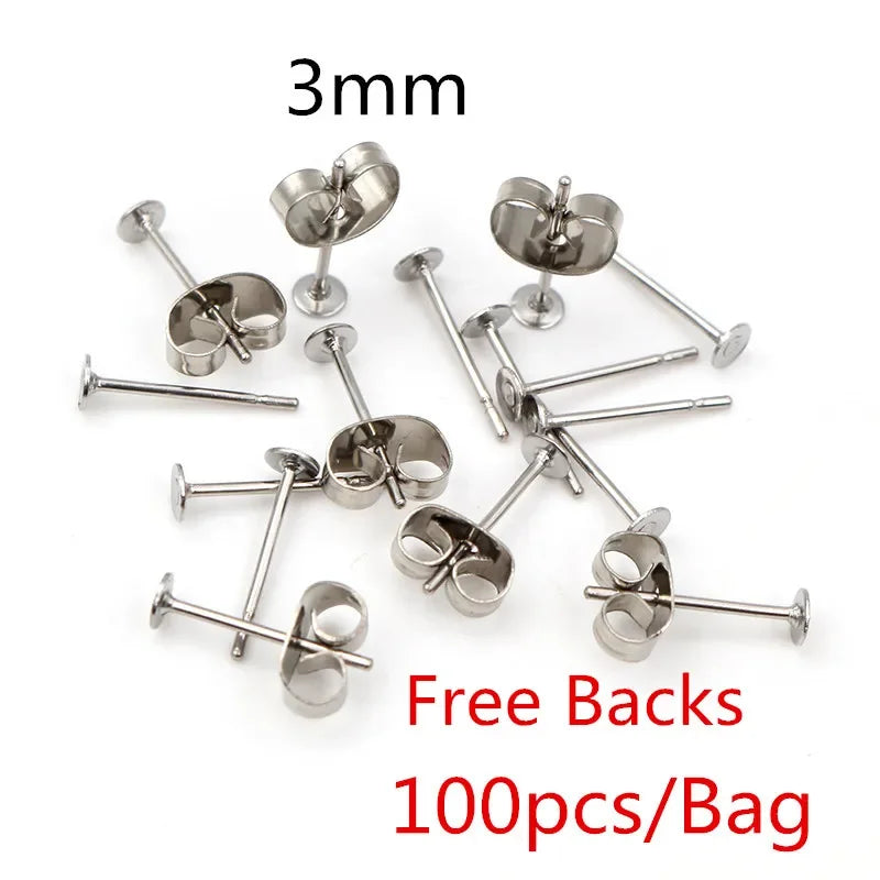 50-100pcs/lot Gold Stainless Steel Earring Studs Blank Post Base Pins With Earring Plug Findings Ear Back For DIY
