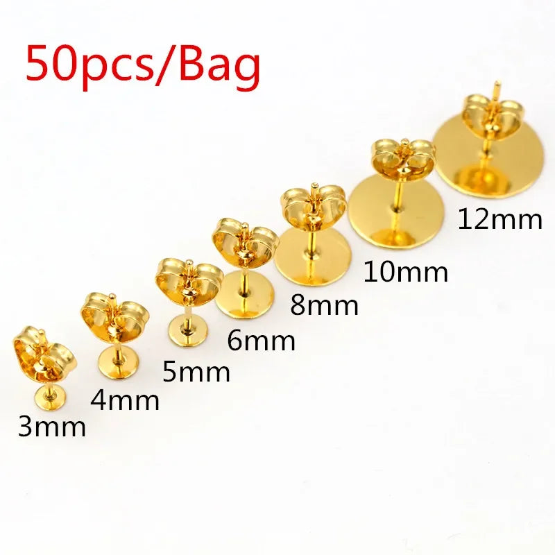 50-100pcs/lot Gold Stainless Steel Earring Studs Blank Post Base Pins With Earring Plug Findings Ear Back For DIY