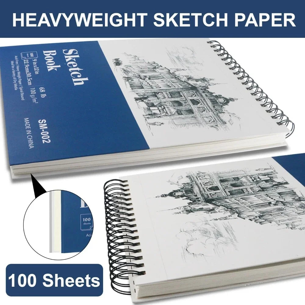 9" x 12" Sketchbook, Hardcover Sketchbook, Top Spiral Bound Sketchbook, 100 sheets (68lb/100gsm) drawing paper pads
