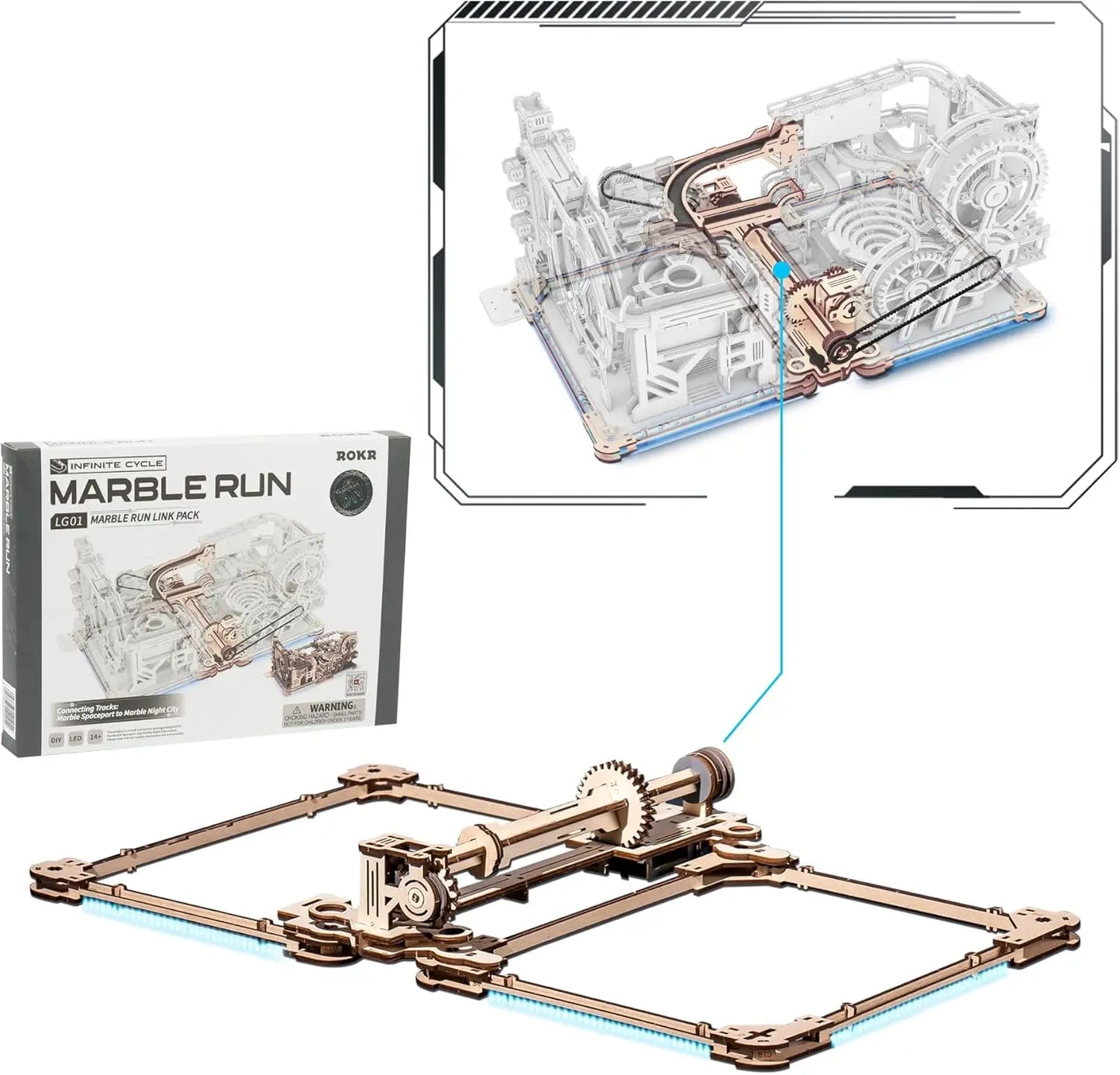 Robotime Rokr Electric Model Kits Marble Spaceport 3D Puzzles Brain Teaser Wooden Puzzles Building Toy Gifts for Men/Women/Teens