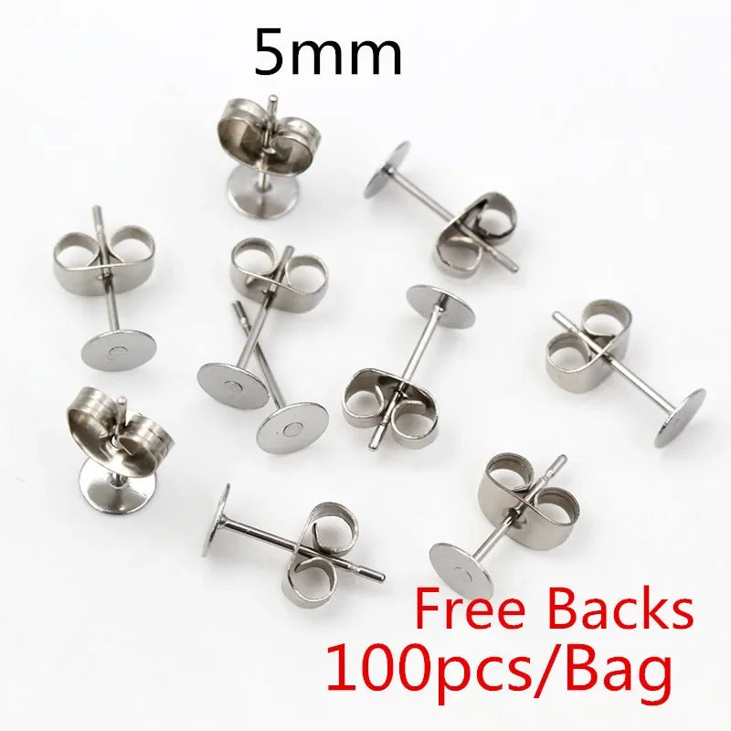 50-100pcs/lot Gold Stainless Steel Earring Studs Blank Post Base Pins With Earring Plug Findings Ear Back For DIY