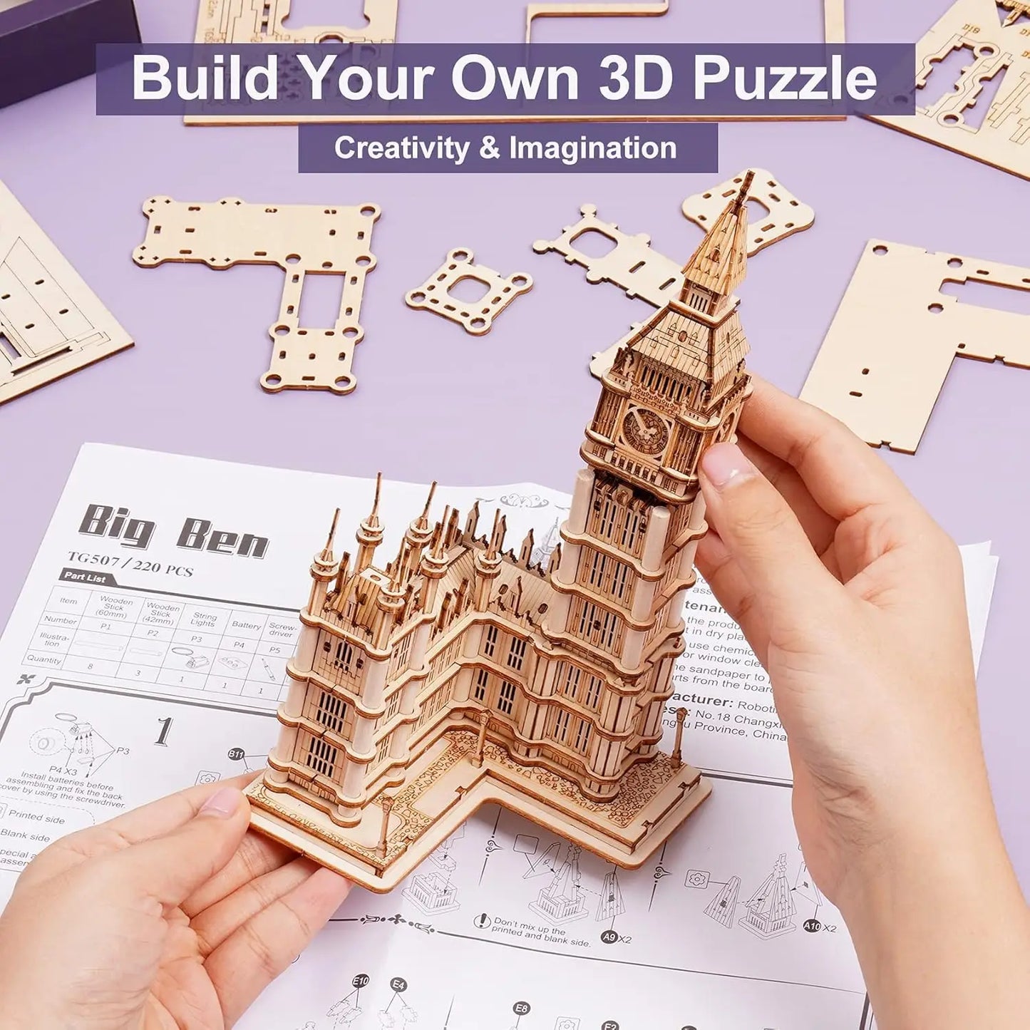 Big Ben kit 3D Puzzle Wooden DIY Construction Model Kit with LED Light for Adults Teens