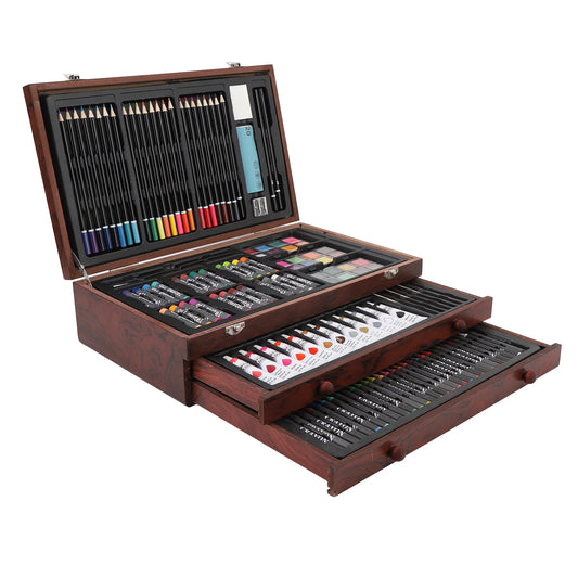142PCS Set Wooden Art Set 24PCS Colored Pencils 24PCS Oil Pastels
