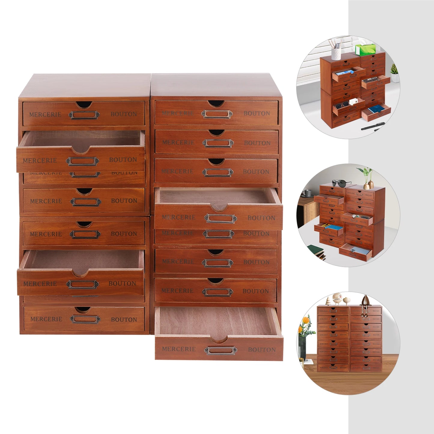 4Pcs Multi Drawer Storage Organizer with 16 Drawers, Vintage Wooden Desk