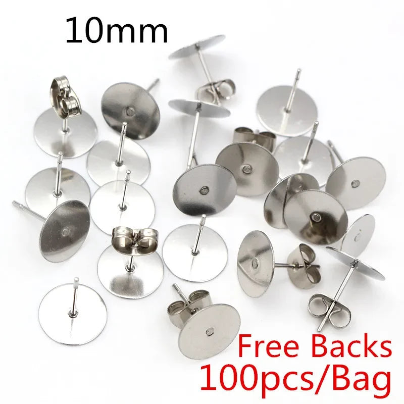 50-100pcs/lot Gold Stainless Steel Earring Studs Blank Post Base Pins With Earring Plug Findings Ear Back For DIY