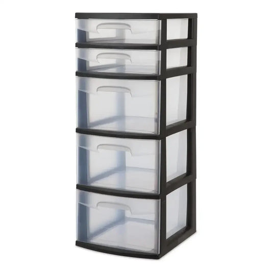 5-Drawer Plastic Storage Tower Black Clear Drawers Organizer