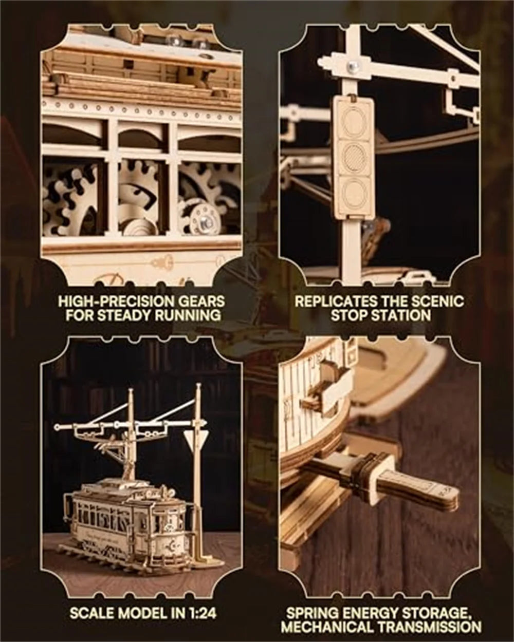 3D Wooden Puzzle Gear Drive Tram Mechanical Model Building Kit DIY
