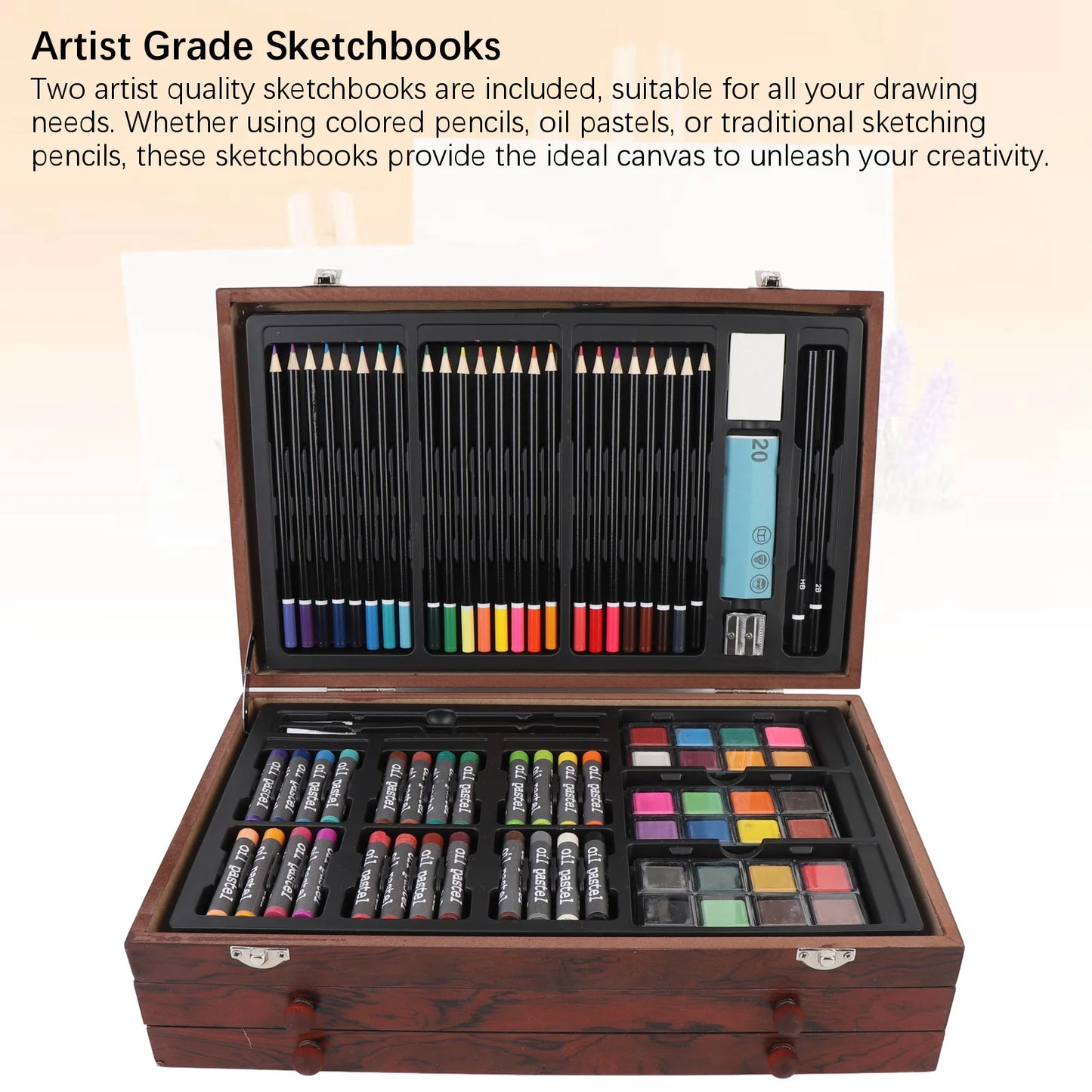 Painting Drawing Art Kit Foldable Storage Box Set Portable Organized Storage Wooden Art Set Multifunctional for Classes